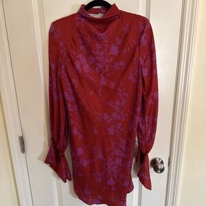 Free People Aries Mini Dress Red & Purple Floral Long Sleeve Size Medium
